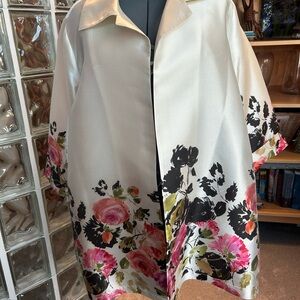 Elegant Floral Women's Silk Jacket - Cream with Pink and Black Accents
